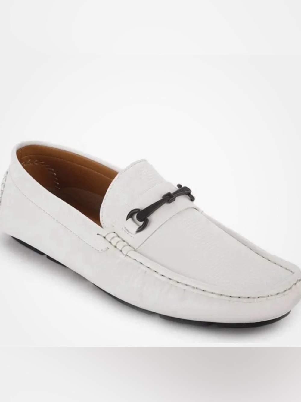 Men's White Leather Slip-On Driving Loafers with Metal Bit
